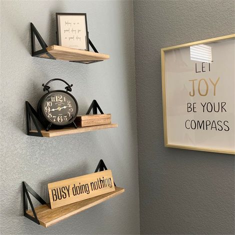 Set of 3 Corner Wall Shelves Industrial Style Metal Wood Shelving Shelf Storage (1/5)