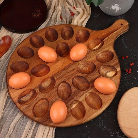 Plateau rond en bois d'acacia pour œufs et saucisses, 24 compartiments – planche à fromage, planche à découper et support à œufs – articles de cuisine et de table (1/5)