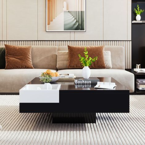 Table basse LED noir et blanc brillant 72x72 cm avec coffre amovible, table salon moderne effet bicolore avec rangement (1/5)