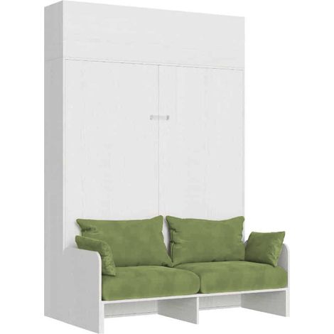 Lit double escamotable Kentaro 160 cm avec canapé et élément mural en frêne blanc, vert