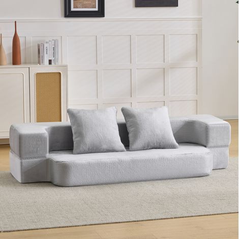 Canapé convertible 2 places en tissu gris clair et mousse haute densité, sans montage, avec coussins (1/5)