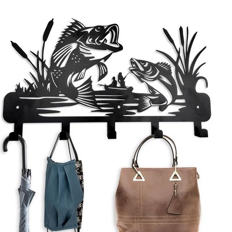 Crochet à manteau en métal Décor d’art mural-Cintres à poisson et porte-clés-Porte-vêtements et porte-sac à dos pour la décoration murale de pêche (1/5)