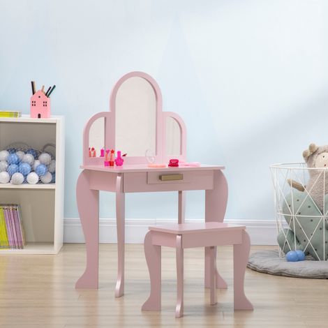 Tavolo da trucco per bambini con specchio e sgabello, toletta per bambine, mobile trucco per bambine dai 3 ai 6 anni con cassetto, rosa
