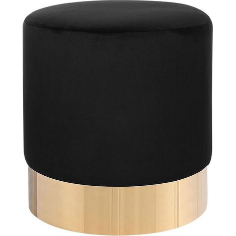 Beliani – Pouf cylindrique en velours noir – Base métallique dorée – Dimensions 39x39x40 cm – Pour salon ou chambre moderne (1/5)
