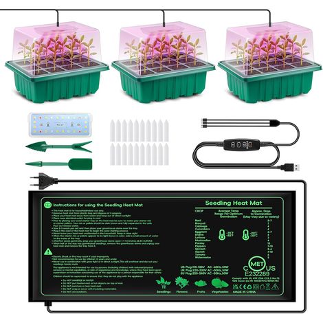 Mini Serre Intérieure - 3 Pièces - Plastique et LED - Avec Tapis Chauffant et Dôme - Pour Semis et Plantes d'Intérieur - Transparent (1/5)