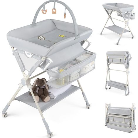 COSTWAY Table à Langer Pliante Bébé, Table à Langer Portable Réglable en 3 Hauteurs avec Rangements, Roues Verrouillables et Jouets en Bois, Station Organiseur pour Nouveau-nés 0-12 Mois (1/5)