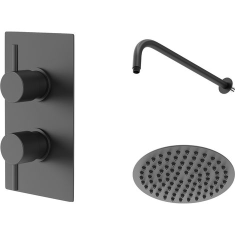 Colore Matt Black Twin Thermostatic Valve Mixer Shower with Round Fixed Head and Wall Arm - 1 Outlet (1/5)