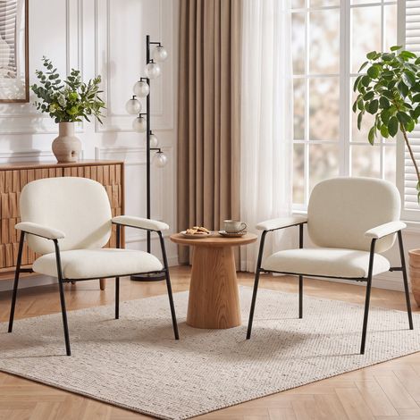 Lot de 2 Fauteuils Salon, Fauteuils d'Appoint en Chenille avec Dossier Profilé, Accoudoirs Rembourrés, Crème (1/5)