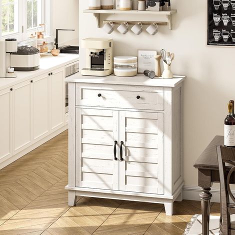 Buffet Bahut Farmhouse en Bois avec 2 Portes et Grand Tiroir, Étagère Réglable 3 Niveaux, Meuble de Rangement Blanc pour Cuisine, Salle à Manger et Salon (1/5)