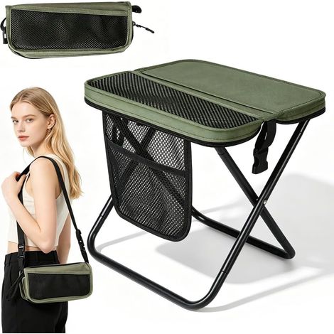 Tabouret de camping pliable portable avec sac de rangement - Tabouret de jardin léger - Chaise pliante pour camping, randonnée, pêche, jardin, plage - Vert (1/5)
