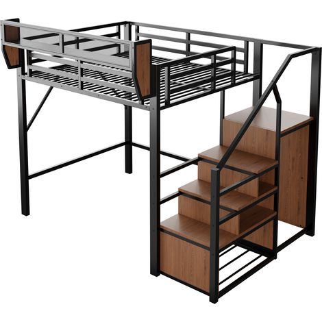 Cama alta 140x200 de metal negro con LED, escalera de seguridad y almacenamiento (1/5)