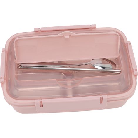 Boîte à lunch à 3 compartiments en acier inoxydable 304, cuillère et baguettes assorties en plastique, idéale pour le bureau (rose). (1/5)