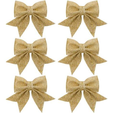 Lot de 6 nœuds de Noël à paillettes - En satin - Pour décoration de sapin de Noël - Dorés (1/5)