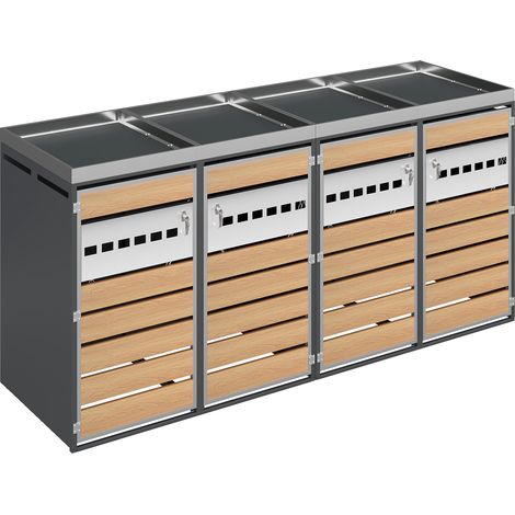 Armoire de rangement pour poubelles 4 compartiments avec jardinière et portes ventilées, acier galvanisé, finition bois grainé grise (1/5)