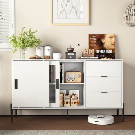 MEUBLIV Buffet 155 x 40 x 91,5 cm blanc – portes coulissantes en verre, 3 tiroirs (1/5)