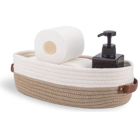 Panier de rangement tressé en corde de coton - 33 x 15 x 10 cm - Panier de rangement multifonction pour salle de bain, chambre à coucher, salon (kaki combiné avec blanc) (1/5)