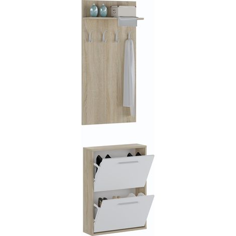 Set Ingresso Salvaspazio con Scarpiera 2 Ribalte e Appendiabiti da Parete con Mensola Mobile Ingresso Moderno Soggiorno Portascarpe Giacche 54 x 73 x 18 Cm Bianco E Rovere