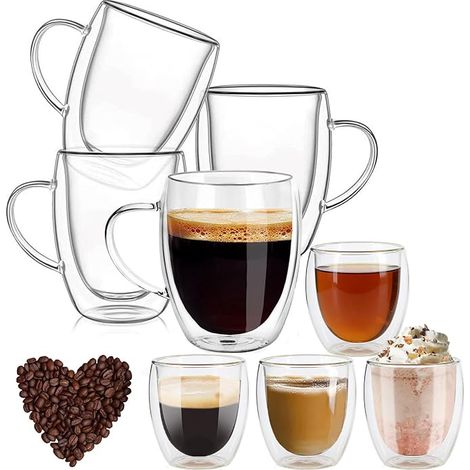 Set Tasse Double Paroi Tasse à Café Verre, Inclus 4x350ml Tasses à Expresso Transparent avec Poignée, et 4x80ml Tasse à Double Paroi, Résistant à la Chaleur, Latte Cappuccino (350ml+80ml) (1/5)