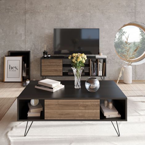 Decorotika Mistico Modern Table Basse Cocktail Table For Living Room Table Large Storage Space Tea Table Accent Table - Noir And Walnut (1/5)