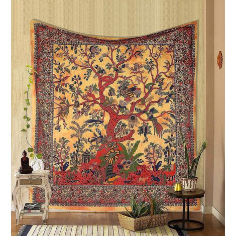 (double, 78.7x 59 Pouces)jaune Tapisserie Arbre De Vie Tapisseries Psychdliques Coton Indien Couvre-lit Double Plaque De Pique-nique Dcoration Mur (1/5)