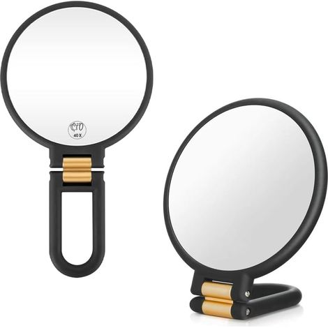 Miroir de main agrandissant 40X avec poignée, double face, grossissement 40X/1X, idéal pour le voyage, pliable et portable pour le maquillage, précision beauté (Noir) (1/5)
