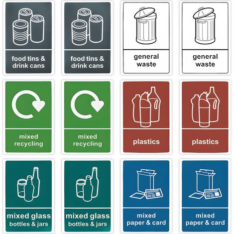 Lot de 12 autocollants de recyclage – 6 motifs, en vinyle autocollant imperméable, faciles à décoller et à coller pour la maison, le bureau, la cuisine, les poubelles à roulettes et les écoles (1/5)