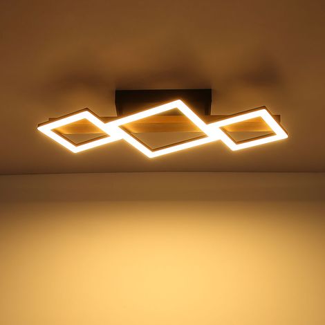 LED Deckenleuchte Holz Wohnzimmerlampe Designleuchte Deckenlampe Quadrate, MDF Metall, 29W 1560Lm warmweiß, LxBxH 66x30x10