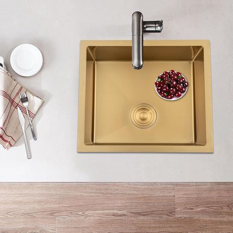 Évier de cuisine doré 50 x 45 cm, 1 bac avec revêtement par condensation, en acier inoxydable, profondeur 20 cm, évier de cuisine (1/5)