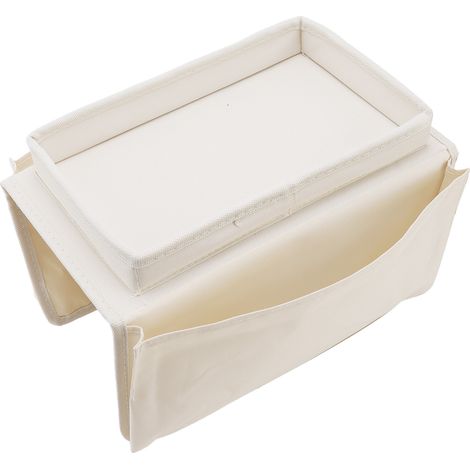 Plateau de canapé pliable avec rangement intégré, en tissu Oxford 600D beige, avec poches latérales. (1/5)