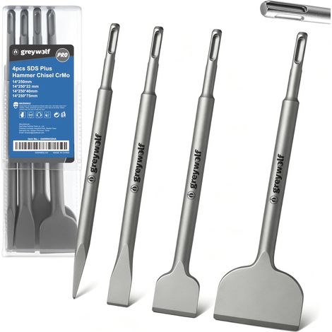 Lot de 4 burins SDS pour enlever le carrelage, ensemble comprenant pointu, plat, grattage, burins à carrelage en alliage d'acier pour marteau perforateur rotatif SDS Plus, fixation pour (1/5)