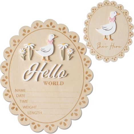 Panneau de naissance en bois double face avec canard décoratif - Carte « Bonjour le monde » avec les informations de naissance et verso « Elle est là », accessoire photo pour la maternité et souvenir (1/5)