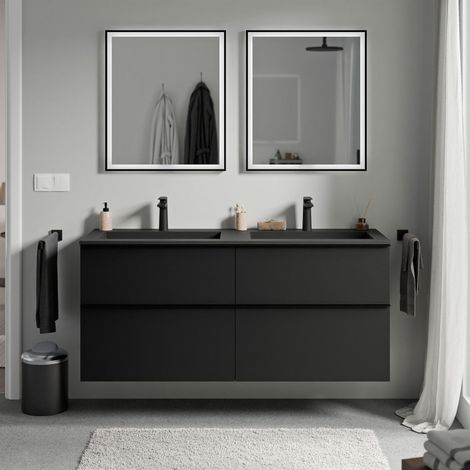 BERNSTEIN - Mueble lavabo suspendido MDF negro mate, lavabo fundición negro mate + orificio grifería, tirador negro mate 120x46x62cm LAVOA Negro mate, Negro mate, Negro mate con orificio para grifo.