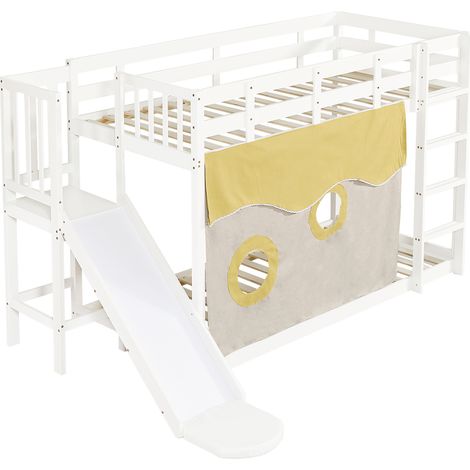 Lit superposé en bois avec escalier et garde-corps, avec rideau de lit, toboggan, lit enfant avec protection antichute et grille, MDF + pin, blanc, 90x200cm (1/5)