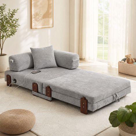 Sofá cama plegable (84x170.5x48 cm), convertible, con puertos USB y Type C, con almacenaje, tejido gris claro (1/5)