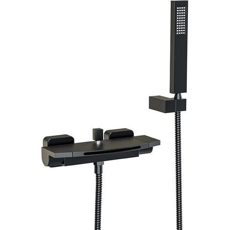 Rubinetto termostatico a cascata per vasca da bagno con doccetta, miscelatore in ottone, rubinetto doccia a parete con getto caldo e freddo, nero. (1/5)