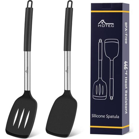 Silicone Spatulas Set of 2 High Heat Resistant BPA Free Spatulas with Stainless Steel Handles, Solid Slotted Spatulas for Nonstick Cookware, 13.8 Inch, Black (1/5)
