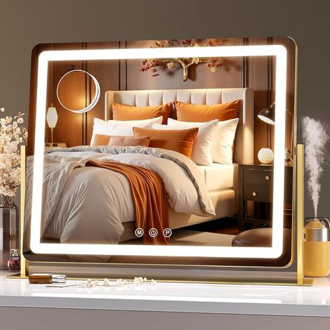 Hasipu Schminkspiegel mit Licht, Spiegel mit Beleuchtung, LED Kosmetikspiegel mit 10x Vergrößerung, 3 Farbtemperatur Licht, Smart Touch, 55 x 45 cm Rund Gold