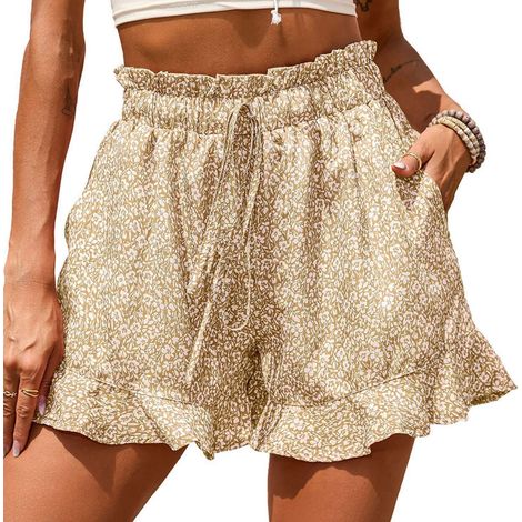 Shorts d'Été Femme Taille Haute Lâches Imprimés avec Ceinture et Poches, Couleur Kaki Taille XL (1/5)