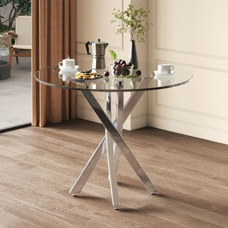 Mesa de comedor redonda 80x80x75 cm plata en vidrio templado y metal con patas cruzadas (1/5)