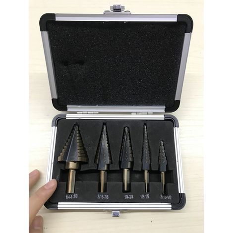 5-teiliges Stufenbohrer-Set, HSS-Bohrer (Hochleistungsschnellstahl), 2 Schneiden, Körner, Aluminium-Stufenbohrer, Profi-Koffer (1/5)