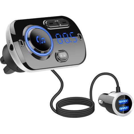 Transmetteur FM Bluetooth 5.0 Adaptateur Bluetooth Voiture Kit émetteur FM Voiture Chargeur avec Ports QC3.0 &5V/2.4A,Appel Main Libre,Lumière Colorée,Support Siri,TF/SD Card Port (1/4)