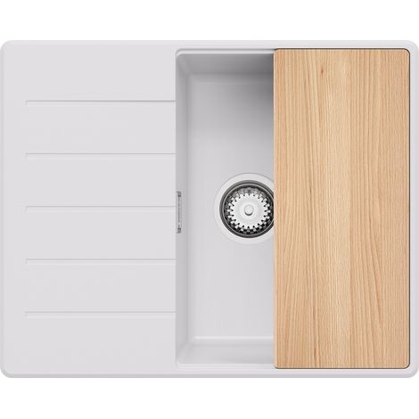 PRIMAGRAN Evier Cuisine en Granit 62x50cm, Lavabo 1 bac + Kit de Vidage + Planche à Découper, Évier à Encastrer au meuble 45cm - Copenhague, Blanc