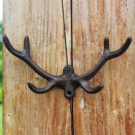 Decorative Cast Iron Animal Shaped Wall Hook, Wall Coat Rack, Heavy Duty Hooks for Hats, Keys, Coats ((Short Deer Antler)) (1/4)