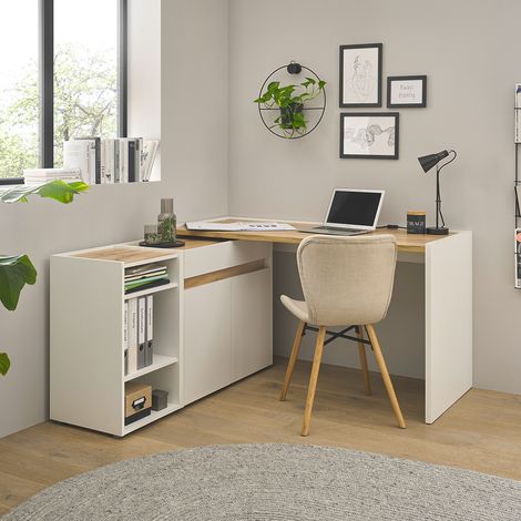 Büromöbel Set weiß mit Eiche CRISP-61 modern 3-teilig mit Schreibtisch (1/5)