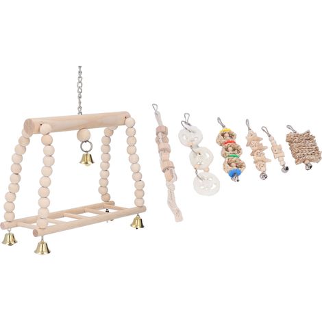 Vogelschaukel, Kauspielzeug, Hängeglocke, Kletterleiter aus Kiefernholz, Vogelkäfigzubehör, Spielzeug für Nymphensittiche, Sittiche und Finken (1/5)