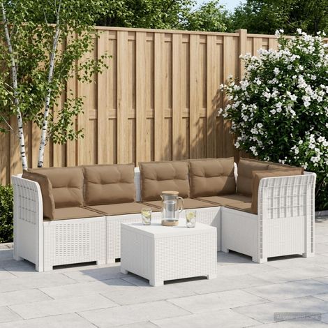 Canapé de Jardin Modulaire 5 Places avec Table Aspect Rotin PP Blanc et Coussins Taupe - PANGIVO (1/5)
