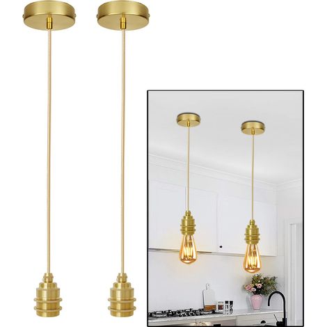 Lot de 2 Suspension Luminaire E27 Or, Métal Suspendue Douille de lampe, Industriel Suspension en Métal avec 120CM Réglable Câble Luminaire éclairage au Plafond pour Îlot de Cuisine (Sans Ampoule) (1/5)