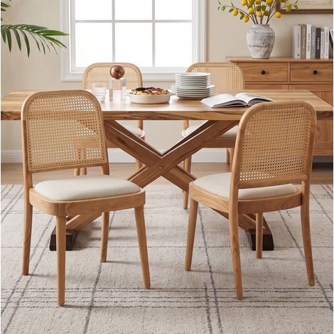 Sillas de comedor de madera y ratán, lote de 2, asiento de lino, color madera (1/5)