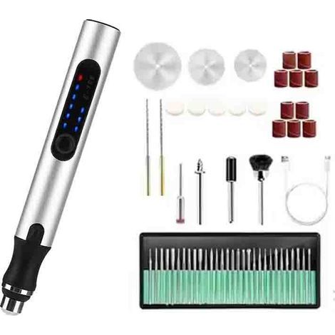 Elektrischer Gravierstift, 3 einstellbare Geschwindigkeiten, wiederaufladbares kabelloses Gravierwerkzeug, 57-teiliges Set (silber) (1/5)