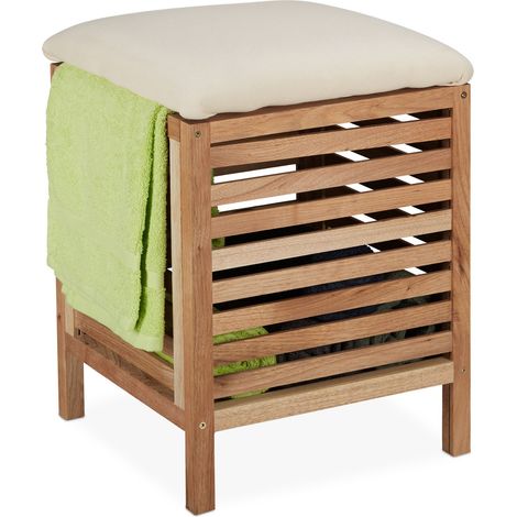 Relaxdays Wäschekorb mit Sitz, Walnussholz, Stoff, 35 l Wäschesammler, HBT: 51x39x39 cm, Badhocker mit Stauraum, natur